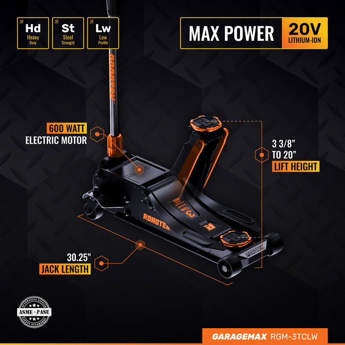 RGM-3TCLW GarageMax, 3 Ton Electric Floor Jack, Low Profile Jack for Quickly Car Lift, Hydraulic Service Jack