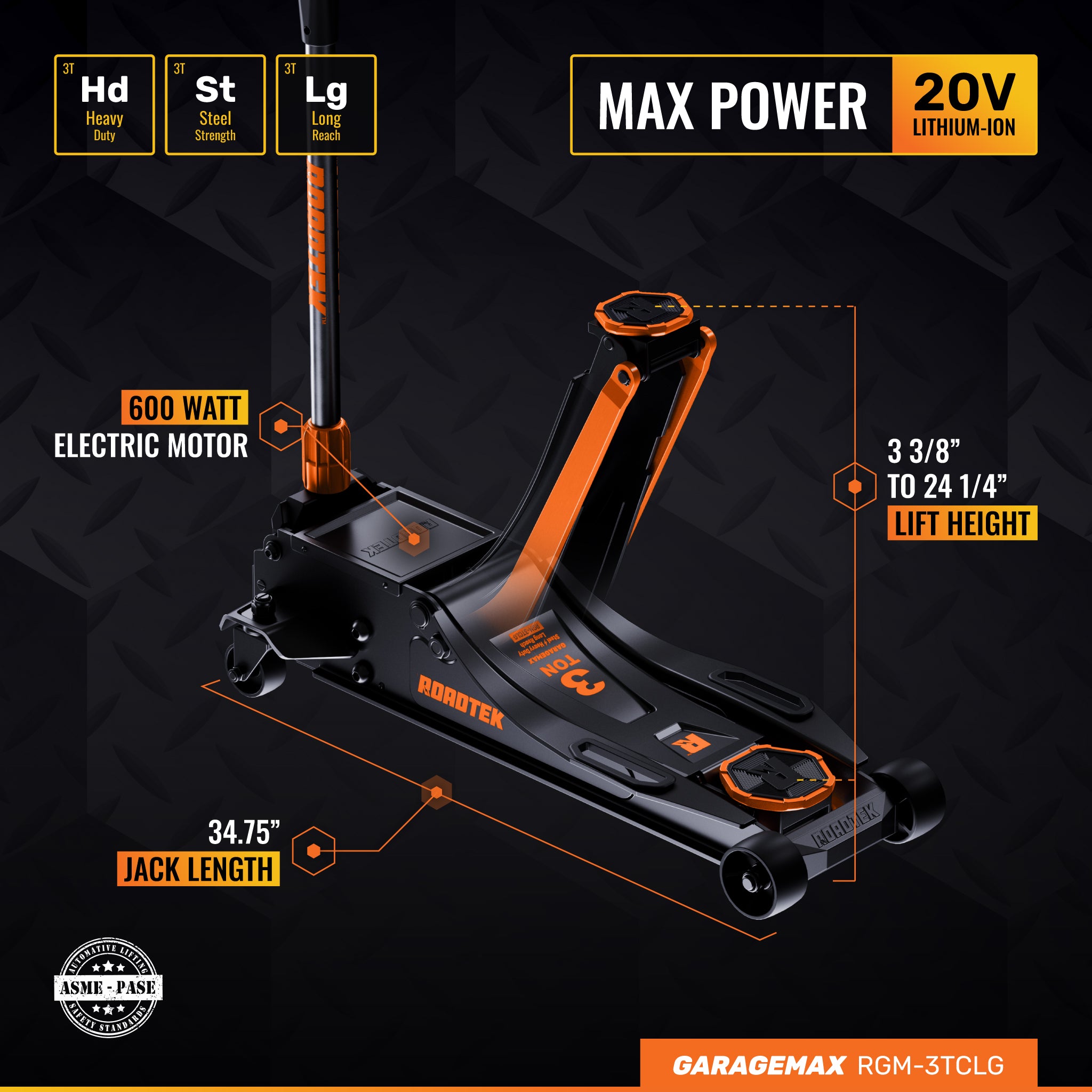 RGM-3TCLG Electric Jack - GarageMax 3T Heavy Duty Steel w/ Long