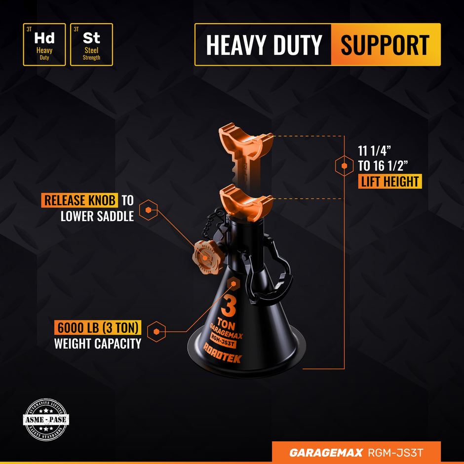RGM-JS3T, 3 Ton Heavy Duty Jack Stands with Integrated Steel Base and Double Locking