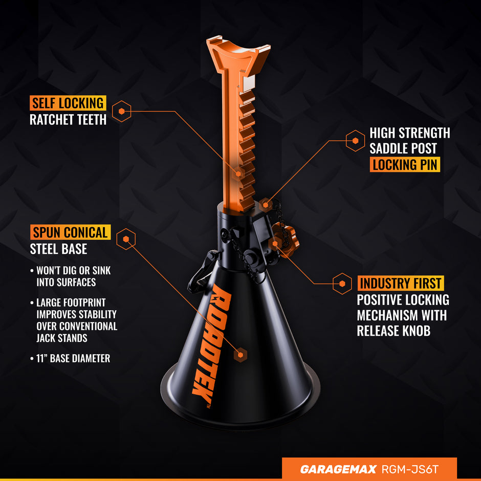 RGM-JS6T, 6 Ton Heavy Duty Jack Stands with Integrated Steel Base and Double Locking