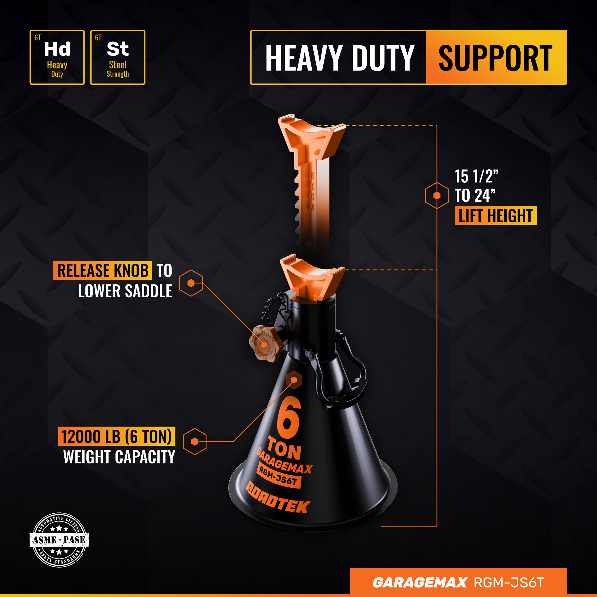 RGM-JS6T, 6 Ton Heavy Duty Jack Stands with Integrated Steel Base and Double Locking